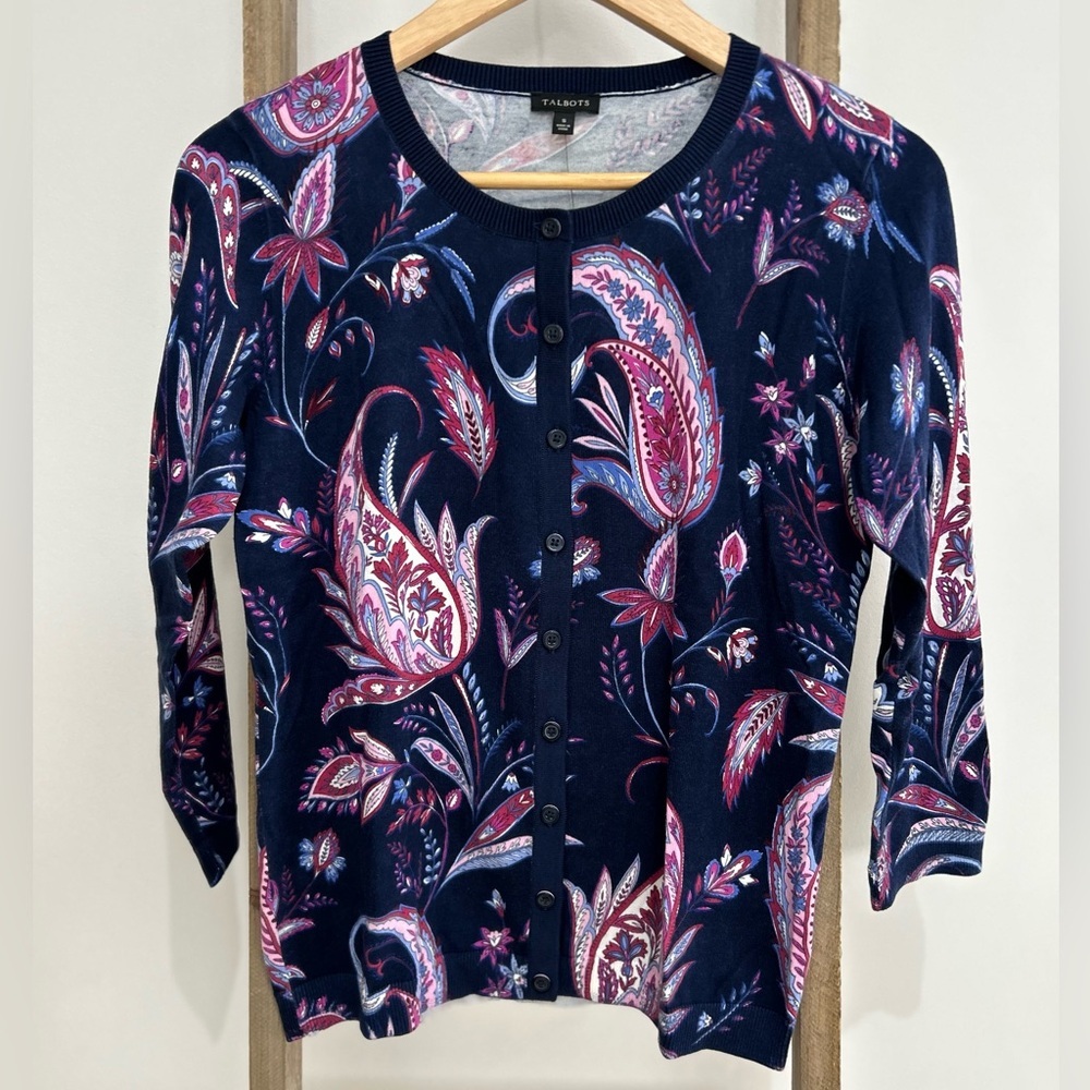 Talbots Cardigan India Ink Multi Winding Paisley Navy Pink Women S NWT Layering